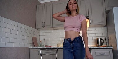 Housewife in Tight Cropped Top Fucks Joyfully on Kitchen Table