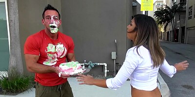 Muscular buddy gets retribution on babe who spoiled his cake