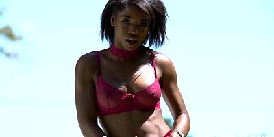 Petite ebony babe in erotic, pink lingerie, Mya Mays got doublefucked for the first time ever