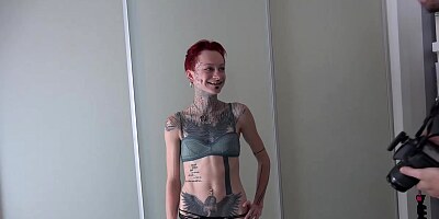 Tattooed, Czech lady with red hair, Harley Quinn is fucking her photographer on the sofa