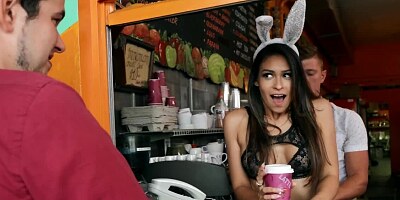 Slutty Latina barista has an affair with stranger right at work