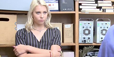 To avoid going to jail, slutty blonde shoplifter, Chanel Grey is having sex with a security guy