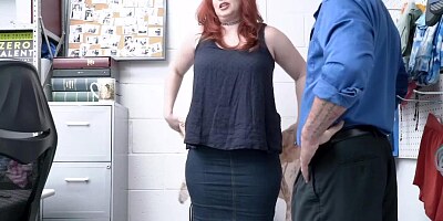 Busty redhead MILF shoplifter Amber Dawn spreads her pu