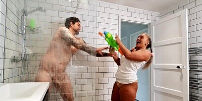 Seduced busty wife Beth Bennett sucks a long dick in the shower