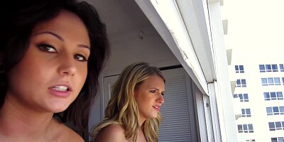 Brunette bitch and her blonde girlfriend sharing two big dicks