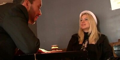 Blonde and her lover are filming one of their sex sessions in a public bathroom