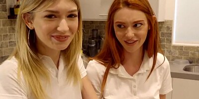 Redhead and blonde are having a POV threesome with a lucky guy
