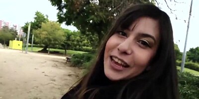 Euro brunette is persuaded to have sex in public by a randy fellow