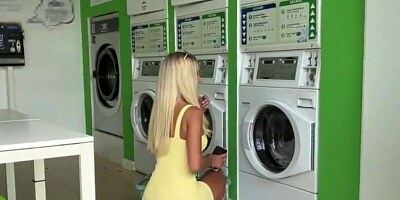 German harlot is rubbing her pussy in public while doing her laundry