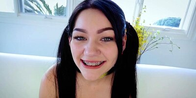 Karly Baker brushes her braced teeth with sperm jerking and wanking a large dick into her mouth