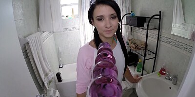 A lovely woman with a shaved pussy is licking a dildo and a dick