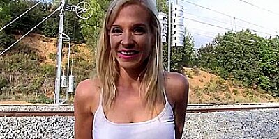 Slutty Spanish blondie Aina Smith gets fucked outside near train track