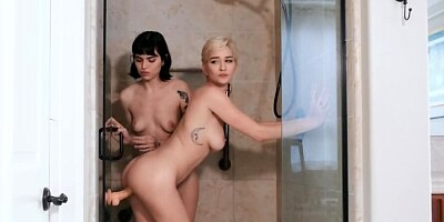 Lesbian chicks Skye Blue & Freja Noir are sharing a shower