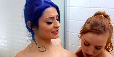 Blue-haired belle and her cute roommate have fun in the shower