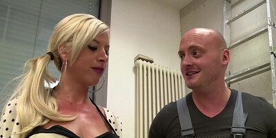 Busty blonde is oiled-up and fucked by that horny bald man