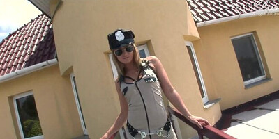 Blonde cop in sexy lingerie gets banged up the ass by the randy dude
