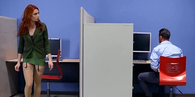 Debauchery in the office ends with cumshot on redhead's feet