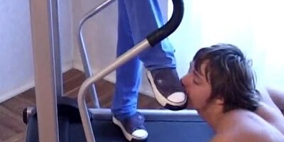 Slave trampled on a treadmill sniffin dirty mistress' shoes & feets