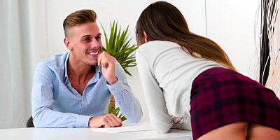 Flirty teen schoolgirl blows tutor's fat cock under table