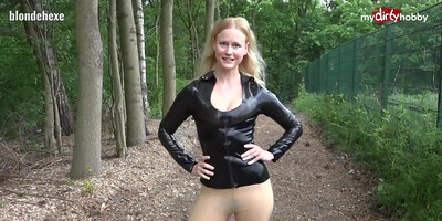 German whore in latex blows and fucks in outdoor POV
