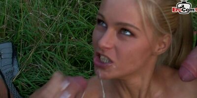 Blonde gets outdoor double penetration during the anal threesome roleplay