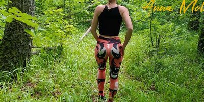 Public masturbation, a girl in leggings walks in nature and