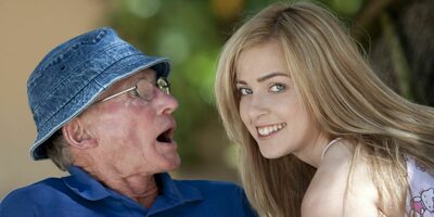 Beautiful teen sucks grandpa outdoors and she swallows it all
