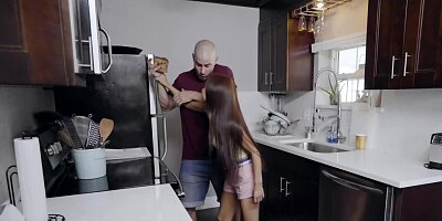 Bald stepdad gives the young brat a lesson fucking her twat