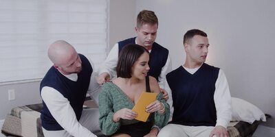 Latina Victoria June with fake tits has fun with three stallions