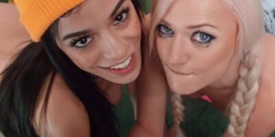 Cameraman gets it on with blonde and brunette girlfriends