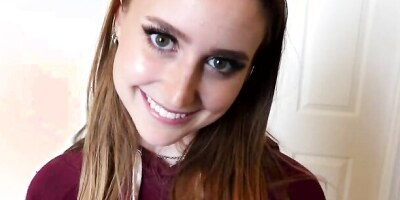 Pretty girl Laney Grey smiles at the camera while having sex