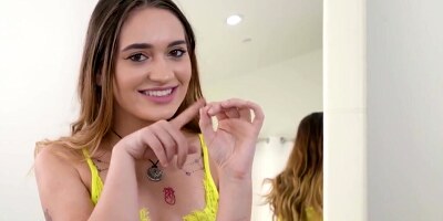 Skinny takes yellow lingerie off for a deep blowjob