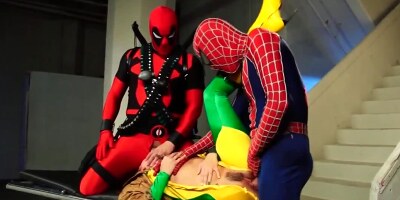 Slutty girl is fucked by two guys are the cosplay party