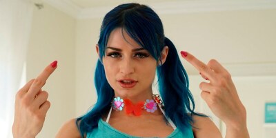 Blue-haired slut in stockings gets orally pleased and fucked by a nerd