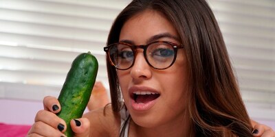 Nympho with huge natural tits fucks a cucumber and a hard dick