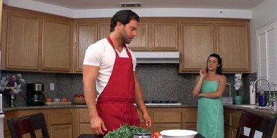 Brunette gets fucked by cook in the kitchen