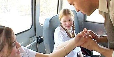 Two Naughty Schoolgirls Suck The Bus Drivers Hard Dick In The Back Seat