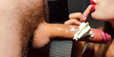 Big Cock in Whipped Cream. Close up Blowjob with Cum in Mouth
