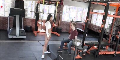 Emily Willis sucks her gym bud's hard prick and gets fucked afterwards