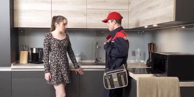 The plumber ends up fucking the cute petite teen brunette