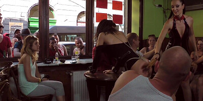 BDSM public slut whipped in public pub in front of voyeurs