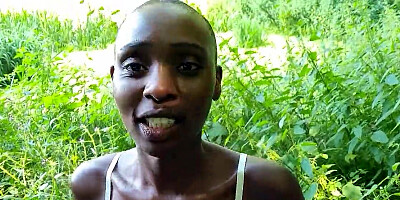 Bald ebony girl from Germany is fucked outdoors in doggy