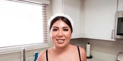 Wearing maid outfits while cleaning helps the Asian seduce her married boss