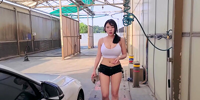 Sexy Korean Woman Washing Her Car