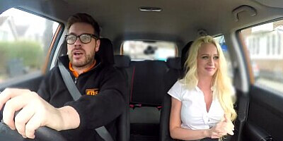 Fake Driving School Instructor has horny car fuck with busty blonde MILF