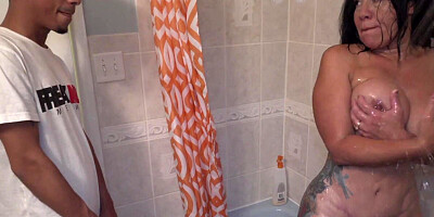 Curvy Latina milf satisfies her stepson's BBC in the shower with joy