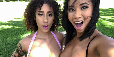Three black chicks playing with some big sex toys