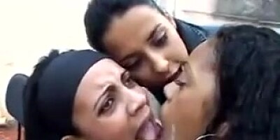 Porn clip with three Brazil lesbians kissing