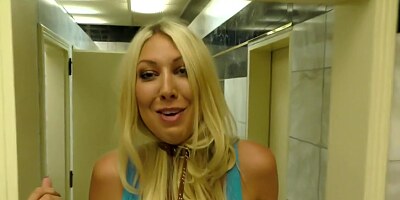 Horny blonde in a tight, blue dress got fucked in the ass the way she likes
